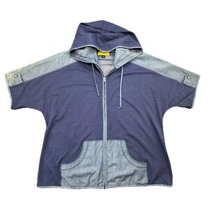 St John Yellow Label Navy Chambray‎ Trim Zip Hoodie Jacket Women XL Casual